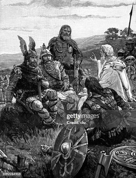 a bishop explains the gospel to the goths - force field stock illustrations