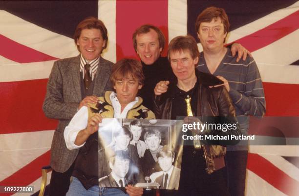 Group portrait of the Animals after re-forming in 1983, New York, L-R Alan Price, Eric Burdon, John Steel, Hilton Valenntine, Chas Chandler.