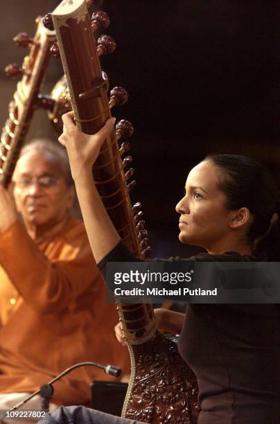 Sitar players Ravi Shankar and daughter Anoushka Shankar perform on stage at Union Chapel, London, 22nd July 2002.