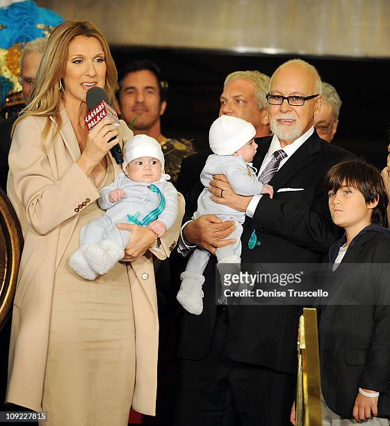 Celine Dion, Nelson Dion Angelil, Eddy Dion Angelil, Rene Angelil and Rene-Charles Dion Angelil arrive at Caesars Palace on February 16, 2011 in Las...