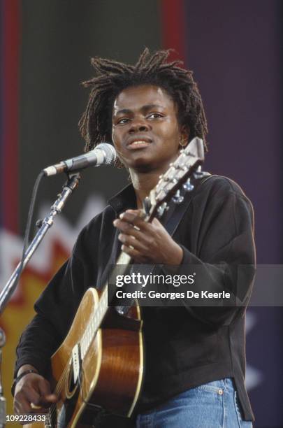 American singer-songwriter Tracy Chapman performing at a concert held to celebrate the release of African National Congress leader Nelson Mandela...