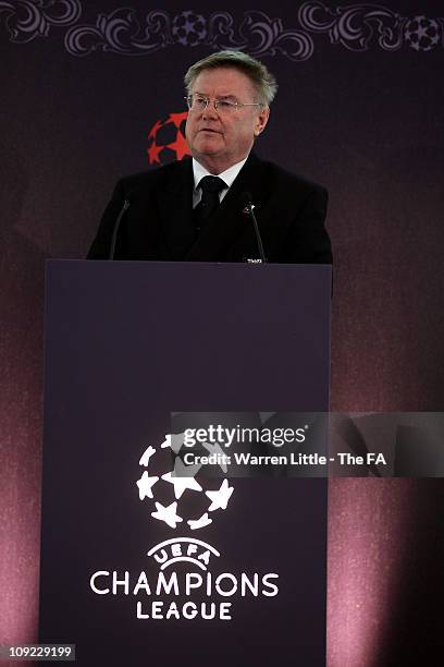 Barry Bright, The Football Association , vice-chairman speaks during the UEFA Champions League Final 201 Ticket Launch at City Hall on February 17,...