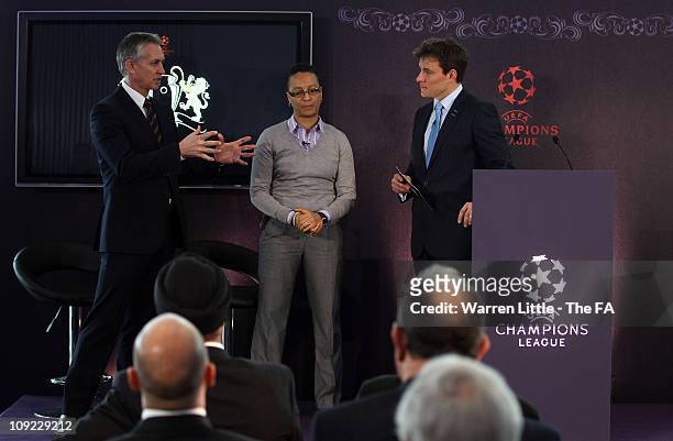 Gary Lineker, UEFA Champions League final ambassador and Hope Powell, UEFA Womens Champions League ambassador speak during the UEFA Champions League...