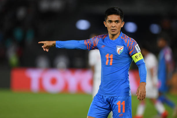 Sunil Chhetri of India gestures during the AFC Asian Cup Group A match between India and the United Arab Emirates at Zayed Sports City Stadium on...