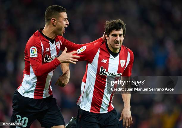 Mikel San Jose of Club Athletic de Bilbao celebrates with his teammate Gorka Guruzeta of Club Athletic de Bilbao after scoring the opening goal...