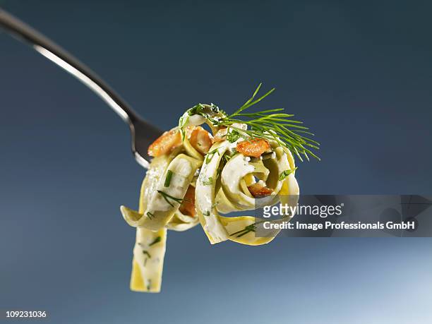 green pasta with salmon and herb sauce on fork, close-up - フェットチーネ ストックフォトと画像