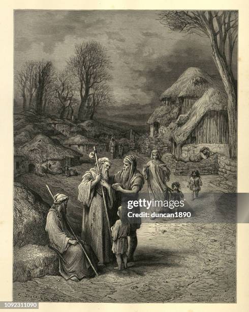 illustrazioni stock, clip art, cartoni animati e icone di tendenza di storia delle crociate, ospitalità dei barbari ai pellegrini - pellegrino