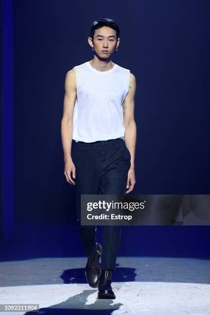 Model walks the runway at the AldoMariaCamillo show during the 95th Pitti Uomo on January 10, 2019 in Florence, Italy.