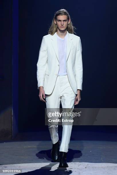 Model walks the runway at the AldoMariaCamillo show during the 95th Pitti Uomo on January 10, 2019 in Florence, Italy.