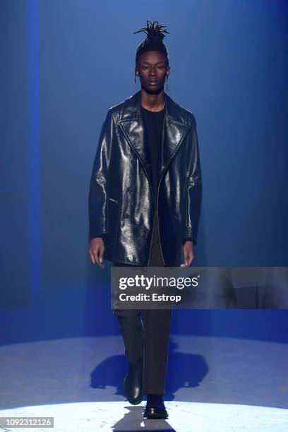 Model walks the runway at the AldoMariaCamillo show during the 95th Pitti Uomo on January 10, 2019 in Florence, Italy.