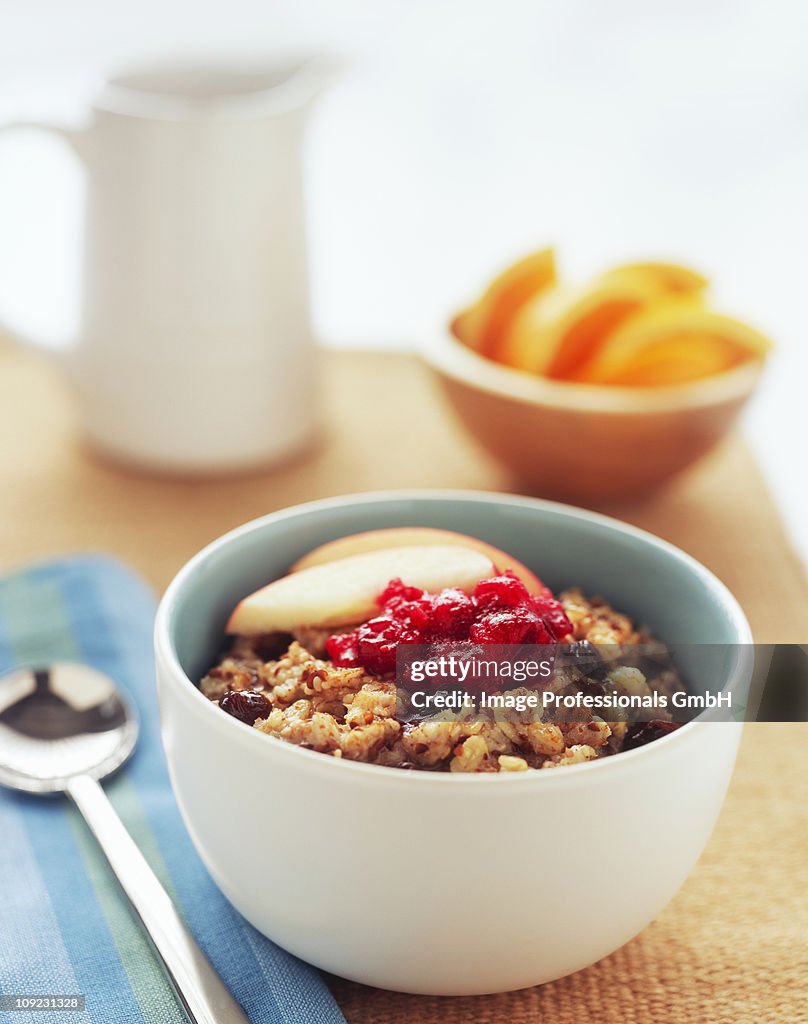 Bowl of raisin, oatmeal with apples and cranberries, close-up