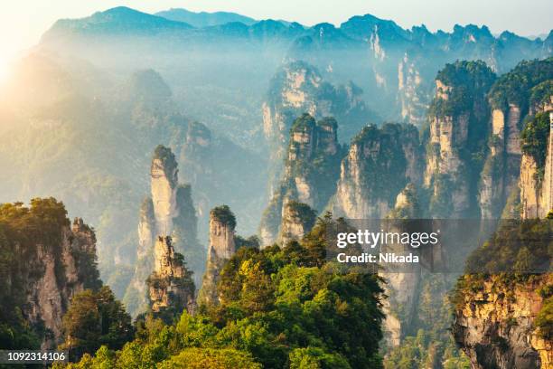 bergen van zhangjiajie national forest park, china - nationaal monument stockfoto's en -beelden