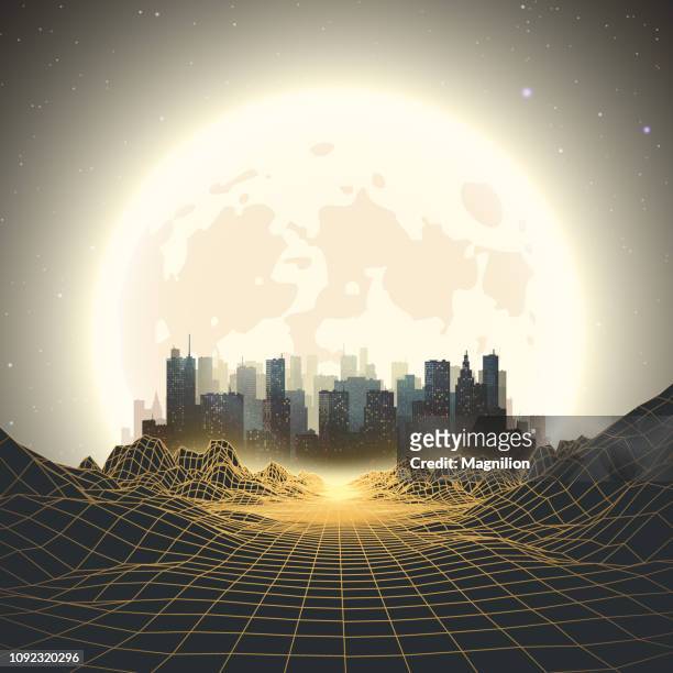 city at night with moon abstract 80s style retrowave background - virtual reality stock illustrations