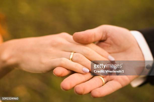 bridal couple holding hands, showing wedding rings - wedding rings stock-fotos und bilder