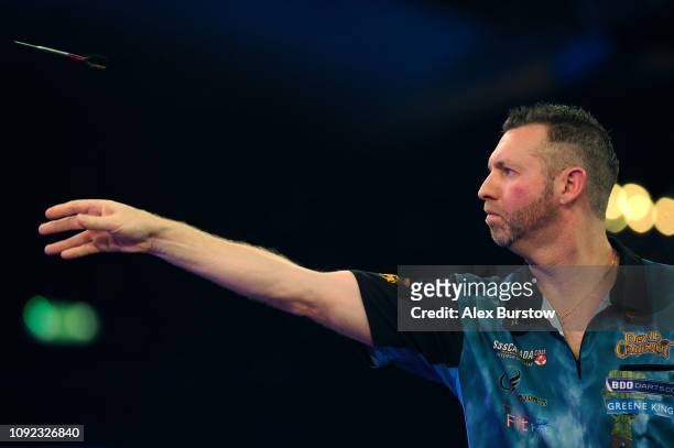 David Cameron of Canada in action against Kyle McKinstry of Northern Ireland during Day Six of the BDO World Darts Championship at Lakeside Country...