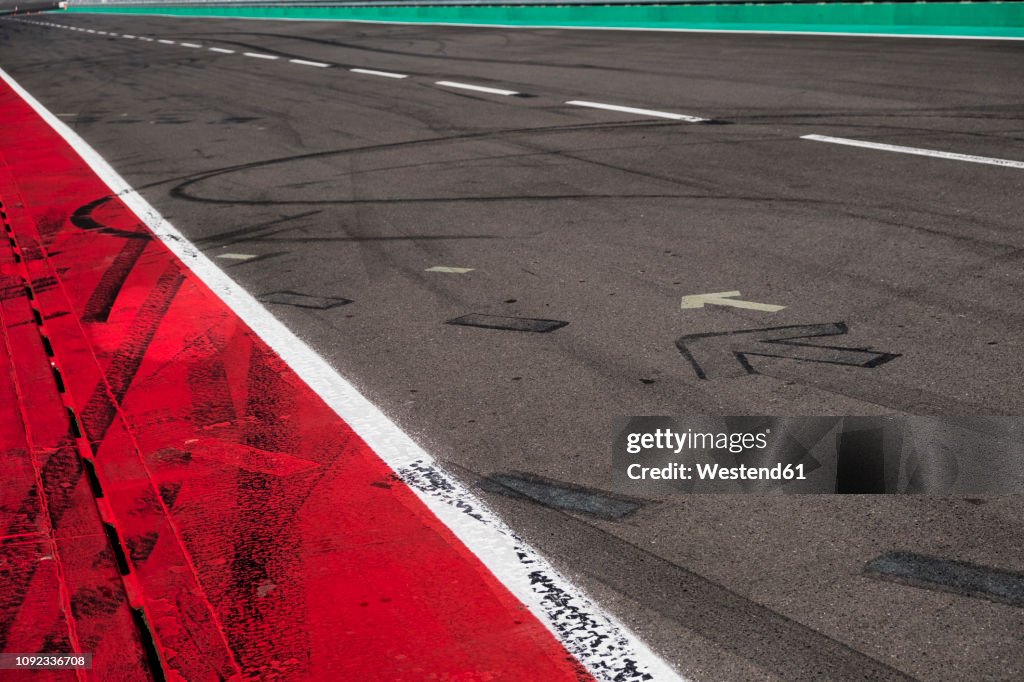 Markings and skidmarks on racetrack