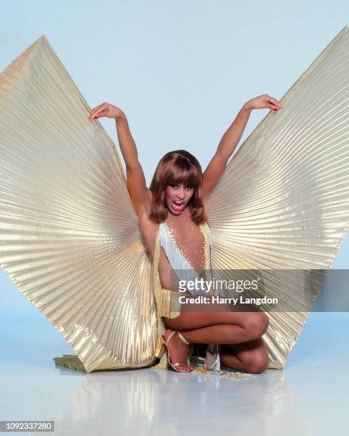 American singer, Tina Turner posing in a winged-costume, Los Angeles, California, 1977.