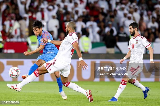Jeje Lalpekhlua shots during the AFC Asian Cup Group A match between India and the United Arab Emirates at Zayed Sports City Stadium on January 10,...