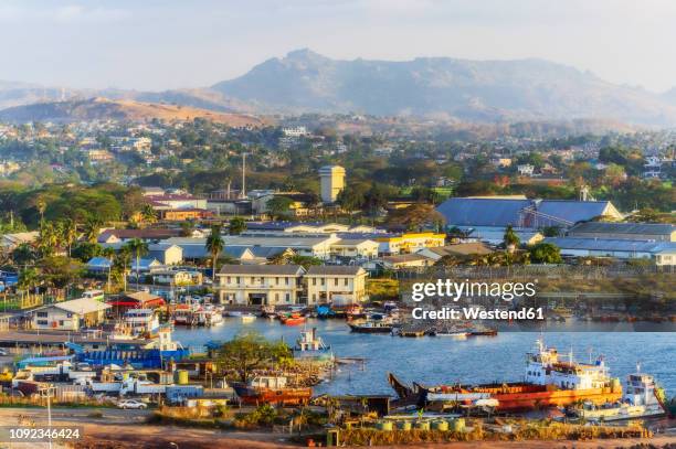 fiji islands, lautoka, aerial view of harbour - fiji ストックフォトと画像