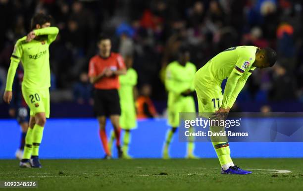 Jeison Murillo of Barcelona looks dejected in defeat after the Copa del Rey Round of 16 match between Levante and FC Barcelona at Ciutat de Valencia...