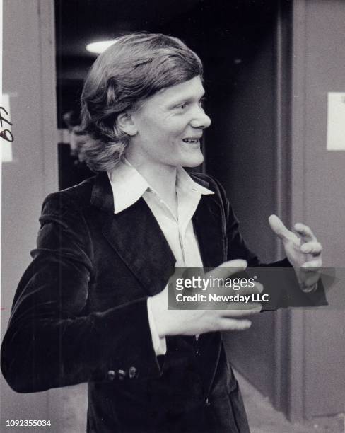 Photo of French high wire artist Philippe Petit during an interview at Madison Square Garden in New York City on May 8, 1975. The interviewfollowed...