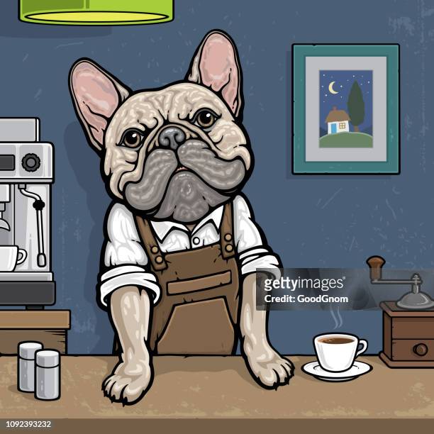 ilustraciones, imágenes clip art, dibujos animados e iconos de stock de barista de bulldog francés - bulldog
