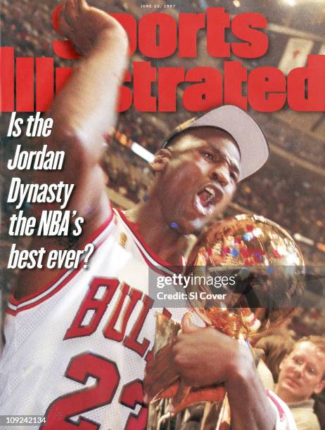 June 23, 1997 Sports Illustrated via Getty Images Cover:Basketball: NBA Finals: Chicago Bulls Michael Jordan victorious entering tunnel Larry O'Brien...