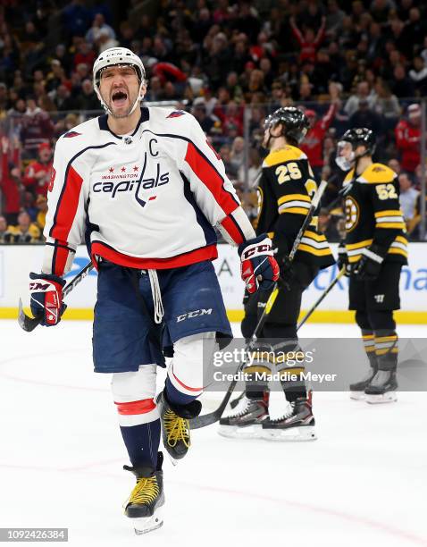 Alex Ovechkin of the Washington Capitals celebrates after scoring a goal against the Boston Bruins during the second period at TD Garden on January...