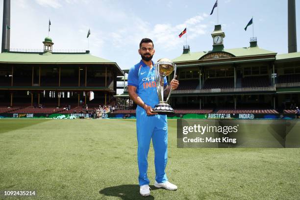 Captain Virat Kohli of India poses with ICC Cricket World Cup trophy during the Australia v India ODI Series Captains Trophy Session at SCG on...