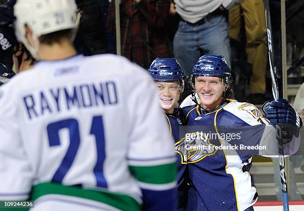 Sergei Kostitsyn and Martin Erat of the Nashville Predators celebrate after scoring a goal against the Vancouver Canucks on February 17, 2011 at the...