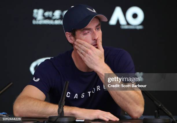 Andy Murray of Great Britain speaks during a press conference ahead of the 2019 Australian Open at Melbourne Park on January 11, 2019 in Melbourne,...