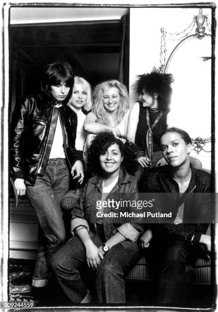 Group portrait of female punk and new wave musicians in London L-R Chrissie Hynde of The Pretenders, Debbie Harry of Blondie, Viv Albertine of The...