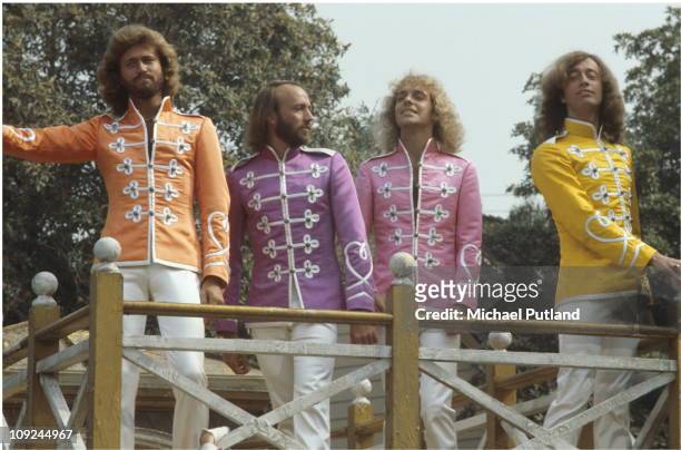 The Bee Gees and Peter Frampton on the set of Sgt. Pepper's Lonely Hearts Club Band film, USA L-R Barry Gibb, Maurice Gibb, Peter Frampton, Robin...