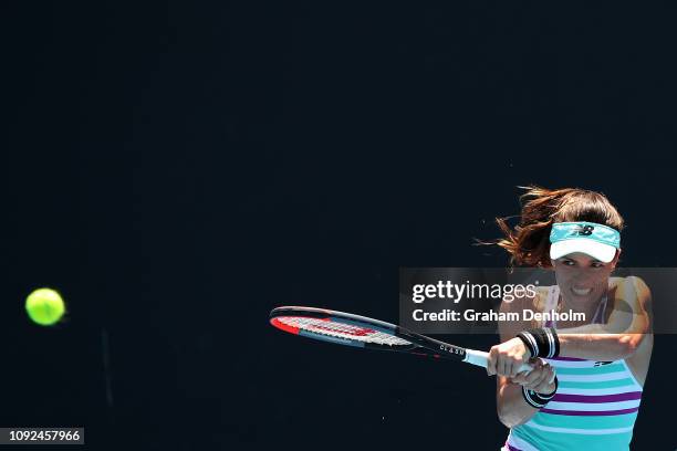 Nicole Gibbs of the United States plays a backhand in her match against Viktorija Golubic of Switzerland during Qualifying ahead of the 2019...