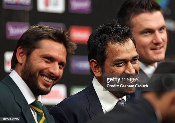 Shahid Afridi of Pakistan, Mahendra Singh Dhoni of India and Graeme Smith of South Africa at the captain's press conference at the Dhaka Sheraton...