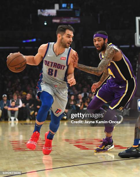 Brandon Ingram of the Los Angeles Lakers guards Jose Calderon of the Detroit Pistons in the game at Staples Center on January 9, 2019 in Los Angeles,...