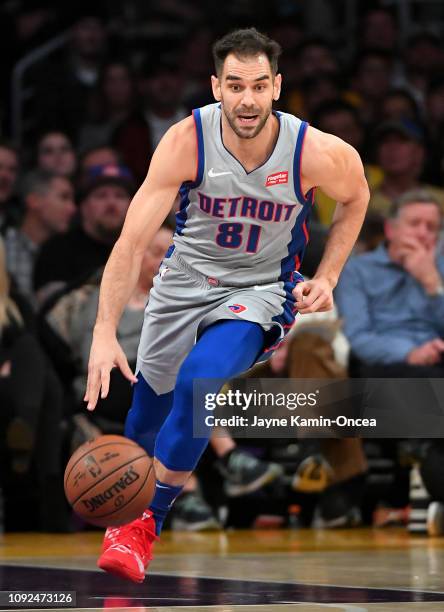 Jose Calderon of the Detroit Pistons takes the ball down court in the game against the Los Angeles Lakers at Staples Center on January 9, 2019 in Los...