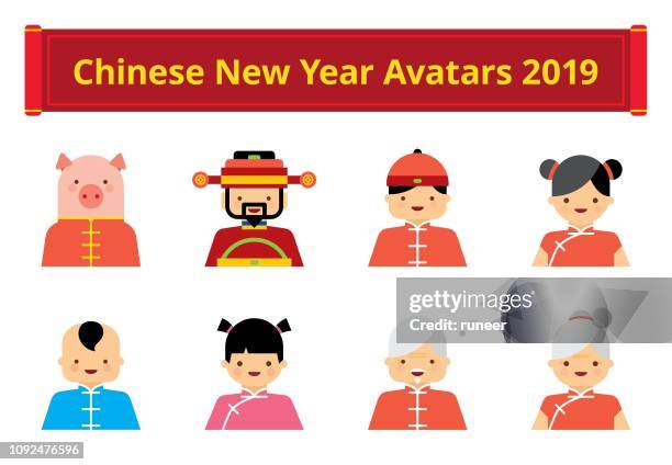 flat chinese new year avatars 2019 | kalaful series - cheongsam stock illustrations
