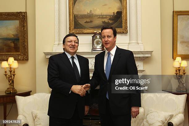 British Prime Minister David Cameron greets European Commission President Jose Manuel Barroso inside number 10 Downing Street on February 17, 2011 in...