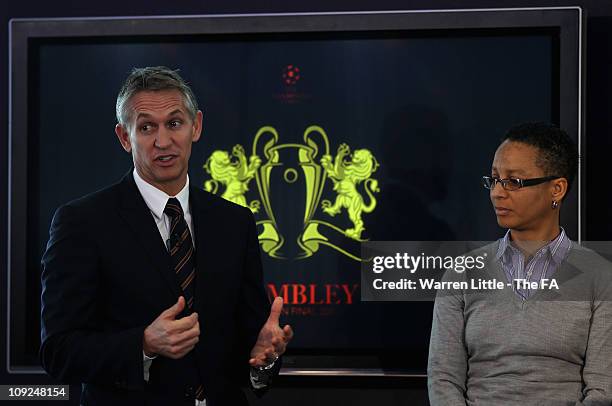 Gary Lineker, UEFA Champions League final ambassador and Hope Powell, UEFA Womens Champions League ambassador speak during the UEFA Champions League...