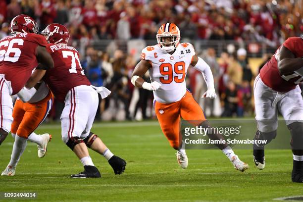 Clelin Ferrell of the Clemson Tigers rushes the quarterback against the Alabama Crimson Tide during the College Football Playoff National...