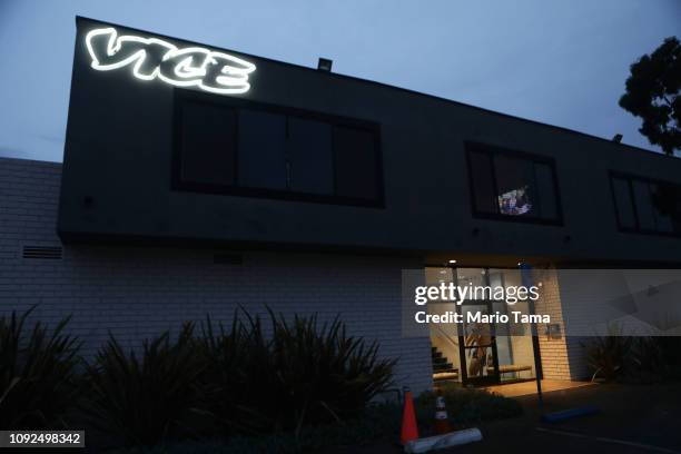 Vice Media offices display the Vice logo at dusk on February 1, 2019 in Venice, California. Vice Media announced it is cutting 250 jobs globally,...