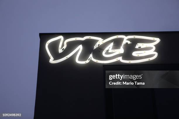 Vice Media offices display the Vice logo at dusk on February 1, 2019 in Venice, California. Vice Media announced it is cutting 250 jobs globally,...