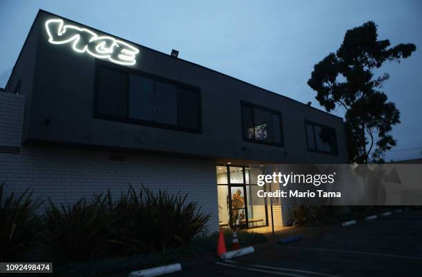 Vice Media offices display the Vice logo at dusk on February 1, 2019 in Venice, California. Vice Media announced it is cutting 250 jobs globally,...