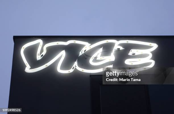 Vice Media offices display the Vice logo at dusk on February 1, 2019 in Venice, California. Vice Media announced it is cutting 250 jobs globally,...