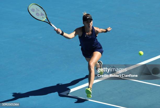 Anna Karolina Schmiedlova of Slovakia plays a shot during her semifinal match against Belinda Bencic of Switzerland during day seven of the 2019...