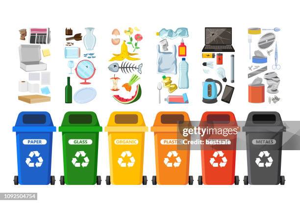 rubbish bins for recycling different types of waste. garbage containers vector infographics - rubbish isolated stock illustrations