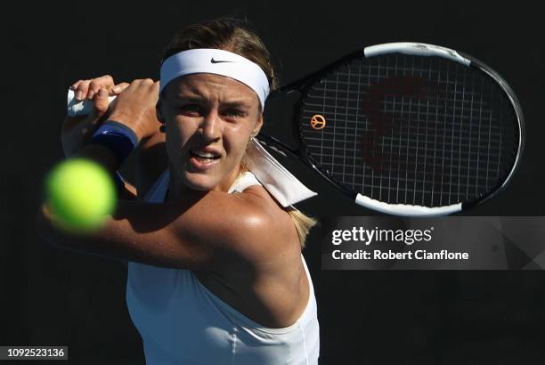 Anna Karolina Schmiedlova of Slovakia plays a shot during her semifinal match against Belinda Bencic of Switzerland during day seven of the 2019...