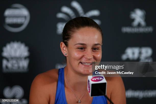 Ashleigh Barty of Australia speaks to the media during day six of the 2019 Sydney International at Sydney Olympic Park Tennis Centre on January 11,...