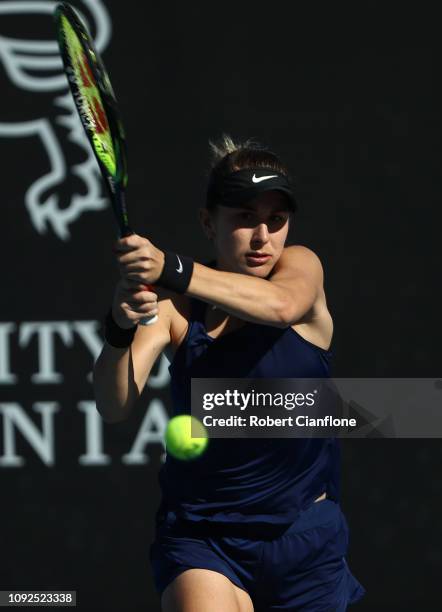 Belinda Bencic of Switzerland plays a shot during her semifinal match against Anna Karolina Schmiedlova of Slovakia during day seven of the 2019...